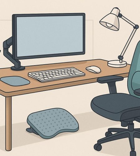 Ergonomic home office setup with adjustable chair, desk, and monitor for comfortable WFH