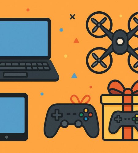 Colorful children's tech gadgets and educational toys arranged for gift selection and comparison.