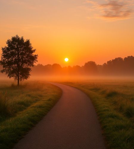 Golden sunrise over a scenic path, promoting the benefits of early morning walks for wellness