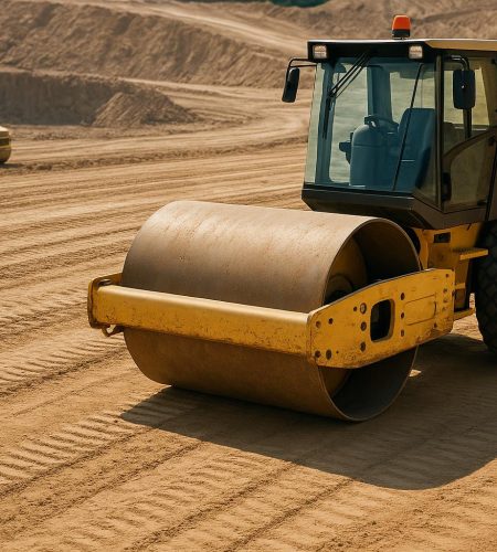 Construction equipment compacting soil at building site for improved ground stability