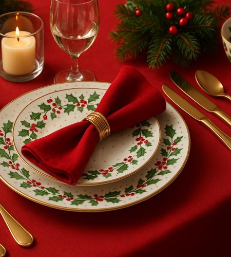 Elegant holiday table setting with decorative plates, candles, and festive centerpieces