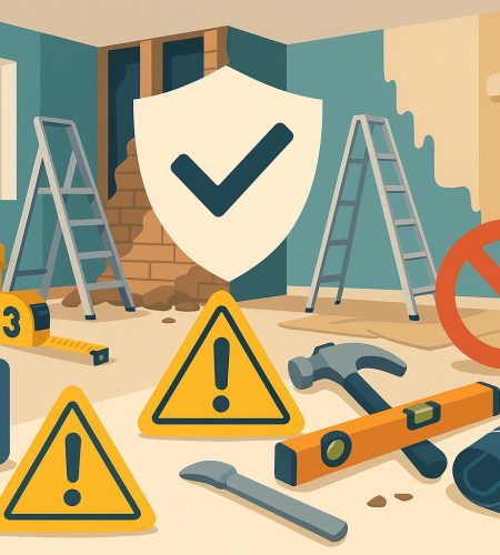 Modern kitchen renovation with safety tools and protective gear to prevent common remodeling mistakes