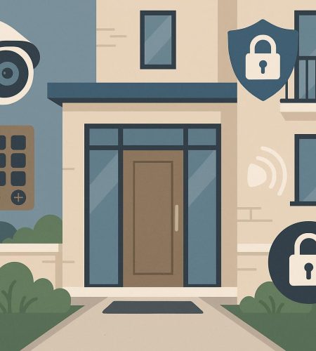 Condo building with secure entry system and surveillance cameras highlighting security measures