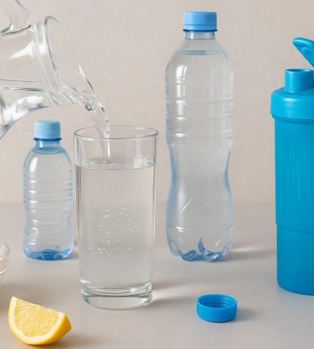 Glass of water with fresh lemon slices on a table, promoting daily hydration and healthy habits