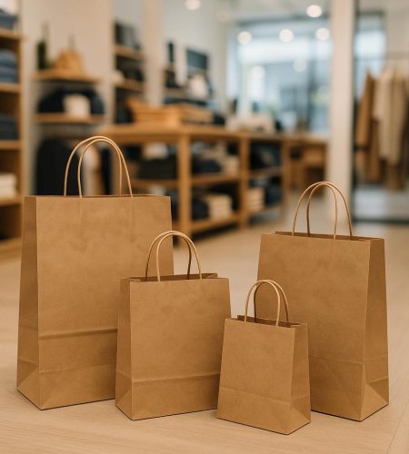 Assorted paper bags displayed in a retail store highlighting eco-friendly packaging trends