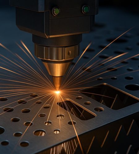 Modern laser cutting machine precisely shaping metal sheet in a high-tech fabrication workshop