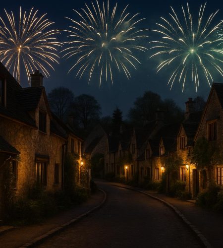 Festive New Year’s Eve celebration with sparkling lights in a charming Cotswolds village