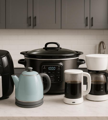 Modern smart kitchen appliances and gadgets for winter use in a contemporary condo kitchen