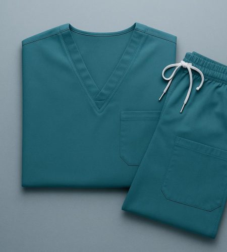 Medical scrubs neatly folded, highlighting quality fabric for comfort, safety, and professionalism