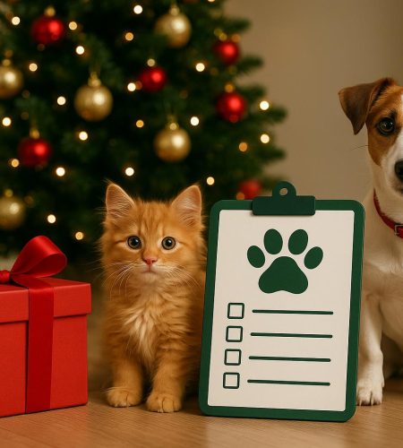 Puppy in festive Christmas setting surrounded by decorations and wrapped gifts