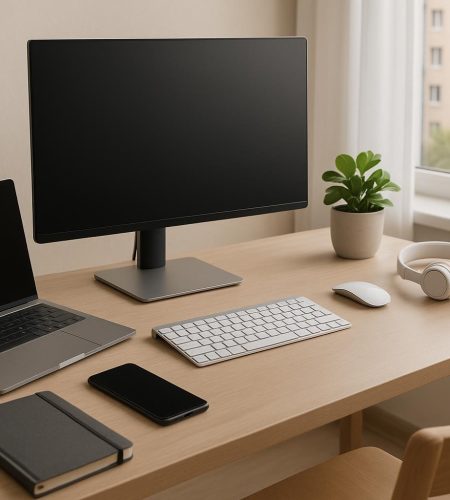 Modern work gadgets and tech accessories neatly arranged on a desk in a stylish condo workspace