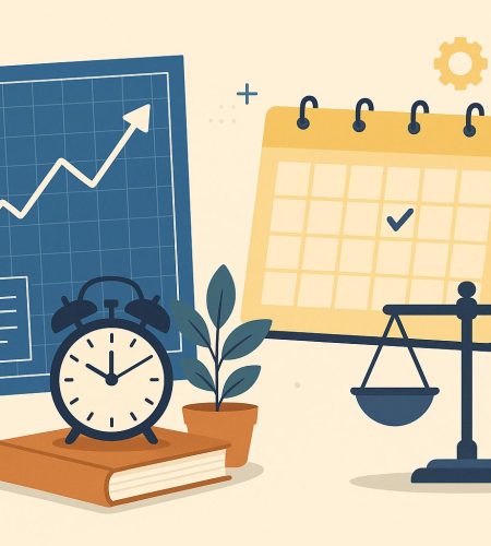 Modern workspace with organized desk, digital tools, and planner for productivity and balance