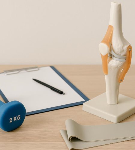 Physiotherapist guiding patient through pre-surgery rehabilitation exercises in clinic setting