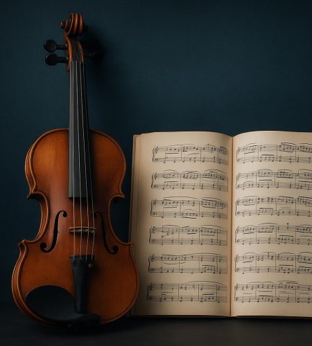 Sheet music and modern orchestral instruments representing contemporary classical music exploration