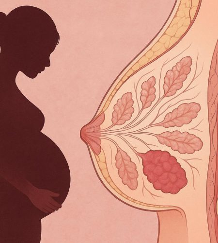 Pregnancy and breast cancer risk concept with medical symbols and pink awareness ribbon