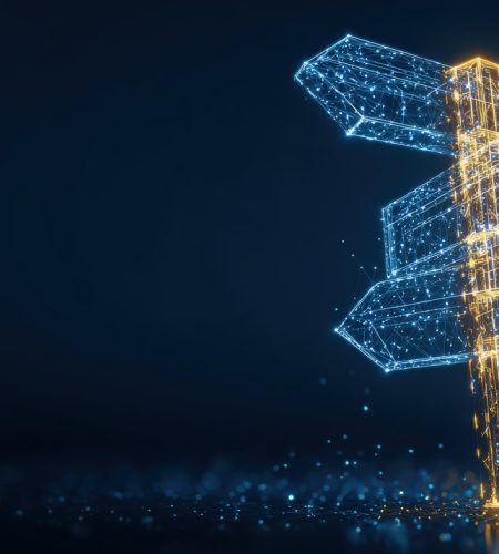 A digital signpost illuminates the crossroads of technology, guiding towards innovation and futuristic pathways. ..Created with Generative AI, not depicting real subjects.