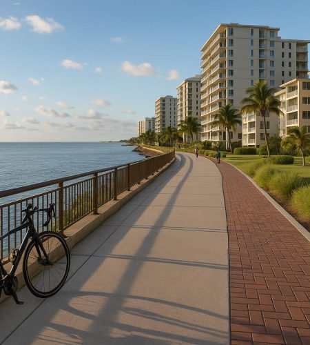 Modern coastal condos with walking trails and bike paths encouraging outdoor active lifestyles