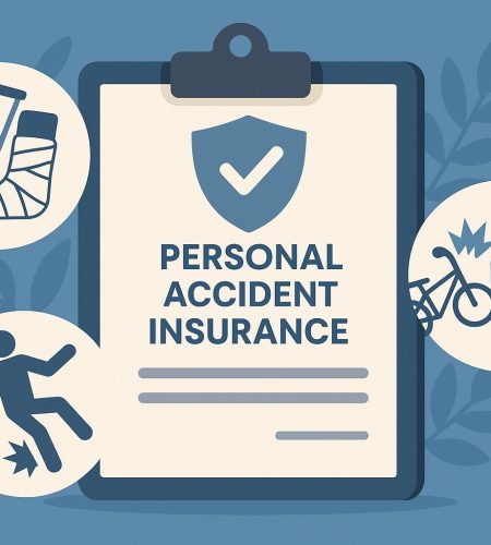 Personal accident insurance coverage concept with policy documents, calculator, and first aid kit