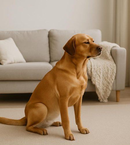 Calm dog sitting obediently in a living room, illustrating effective home training techniques