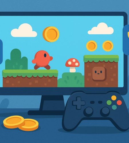 Colorful online gaming interface with interactive elements and digital game icons on screen