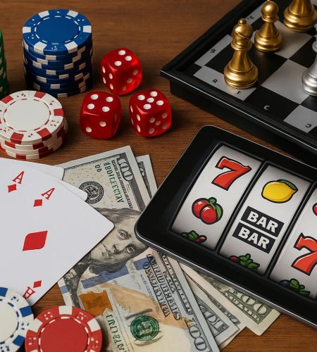 Illustration of popular real-money online games, including poker, slots, and fantasy sports