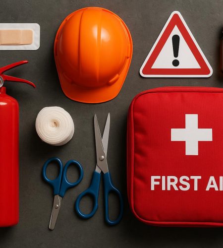 First aid kit and safety supplies on office desk promoting workplace health and emergency readiness