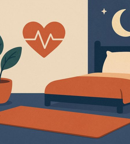 Yoga poses promoting heart health and restful sleep, with calming indoor wellness setting