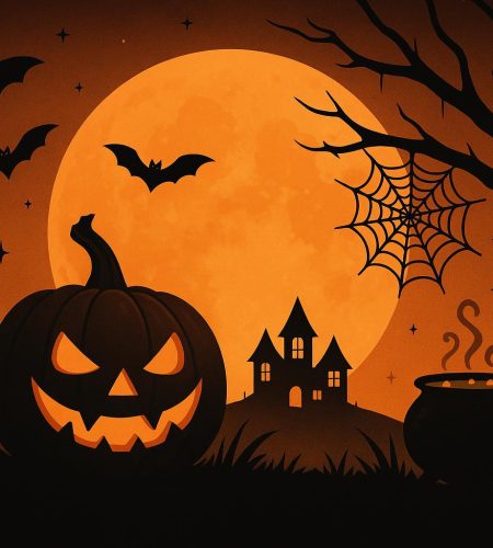 Halloween decorations with carved pumpkins, flickering candles, and spooky autumn-themed props