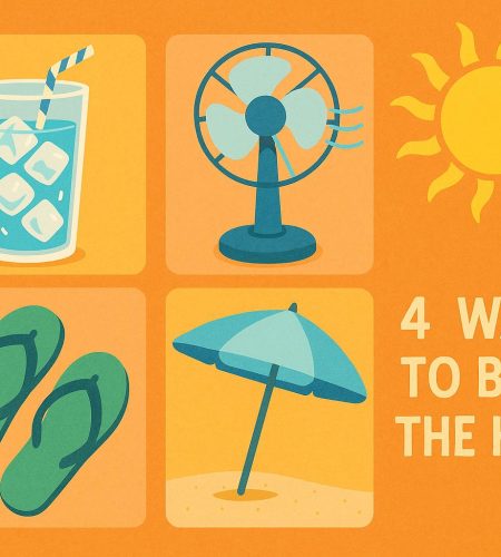 Refreshing iced drinks and portable fan on a table, illustrating ways to stay cool in hot weather
