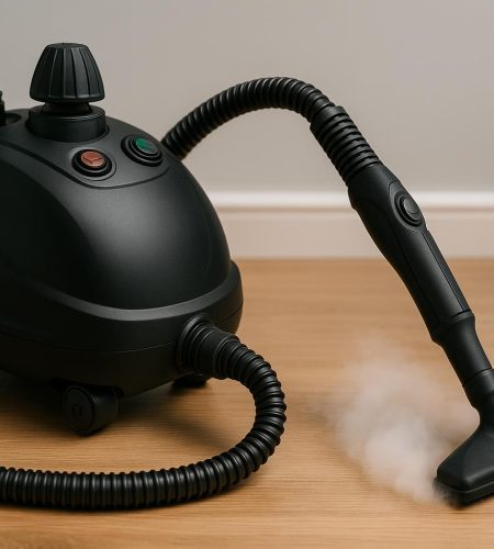 Steam Machine gaming console on a desk with controller and monitor displaying game interface