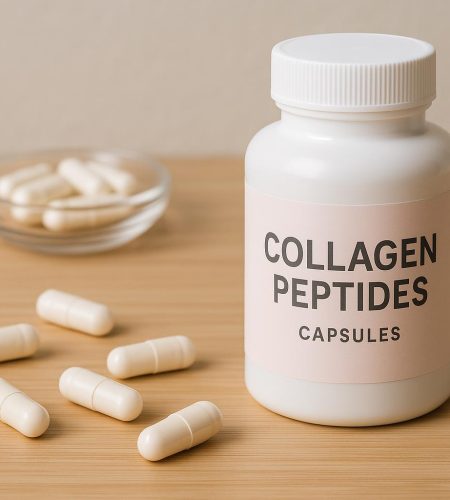 Collagen peptides capsules spilling from a bottle, highlighting supplement benefits and details