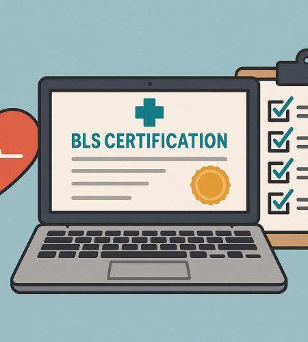 Online BLS certification course materials and checklist displayed on a laptop and notepad