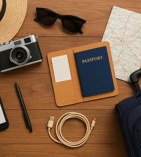 Travel essentials packed in a suitcase with a passport, travel guide, and map on a wooden table