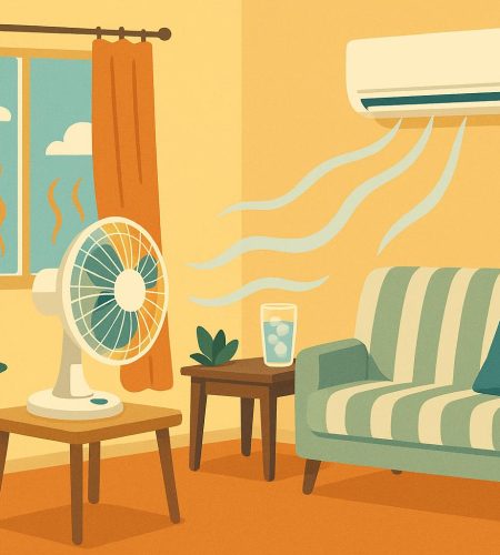 Air conditioner cooling a living room with a fan and closed curtains on a hot summer day