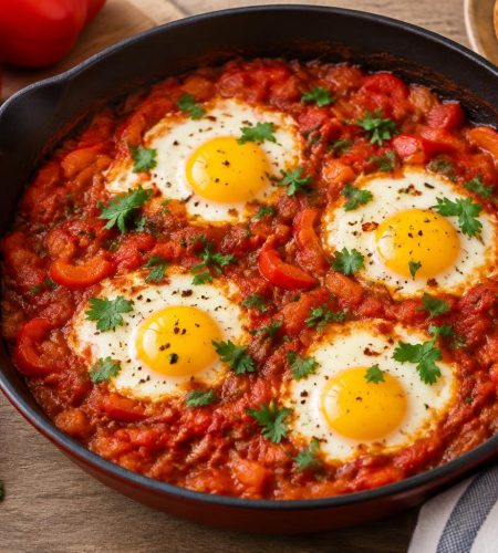 Traditional shakshuka with poached eggs in tomato sauce, garnished with herbs in a skillet